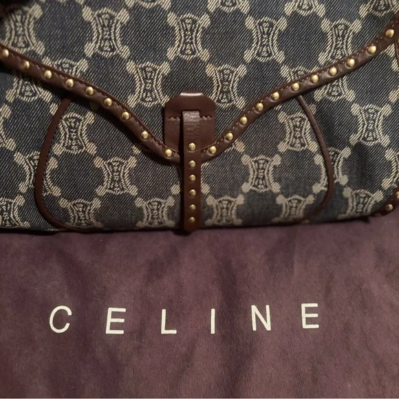 Celine Denim and Brown leather Studded Shoulder Bag - Picture 9 of 16